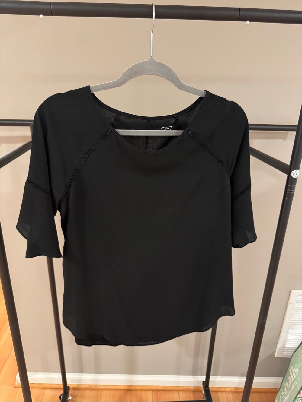 LOFT Black Short Flutter Sleeve Blouse with Crew Neck